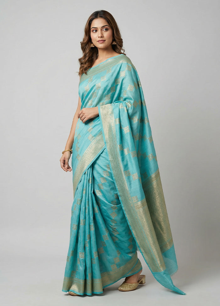 Blue Dupion Silk Saree With Blouse Piece