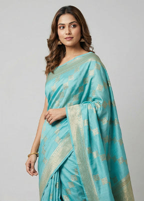 Blue Dupion Silk Saree With Blouse Piece