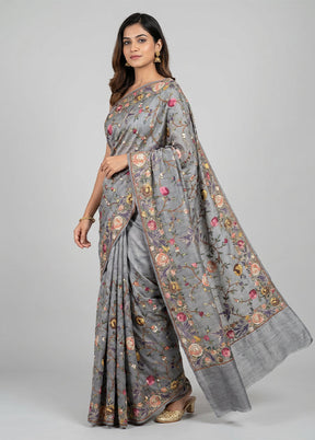 Grey Tussar Silk Saree With Blouse Piece