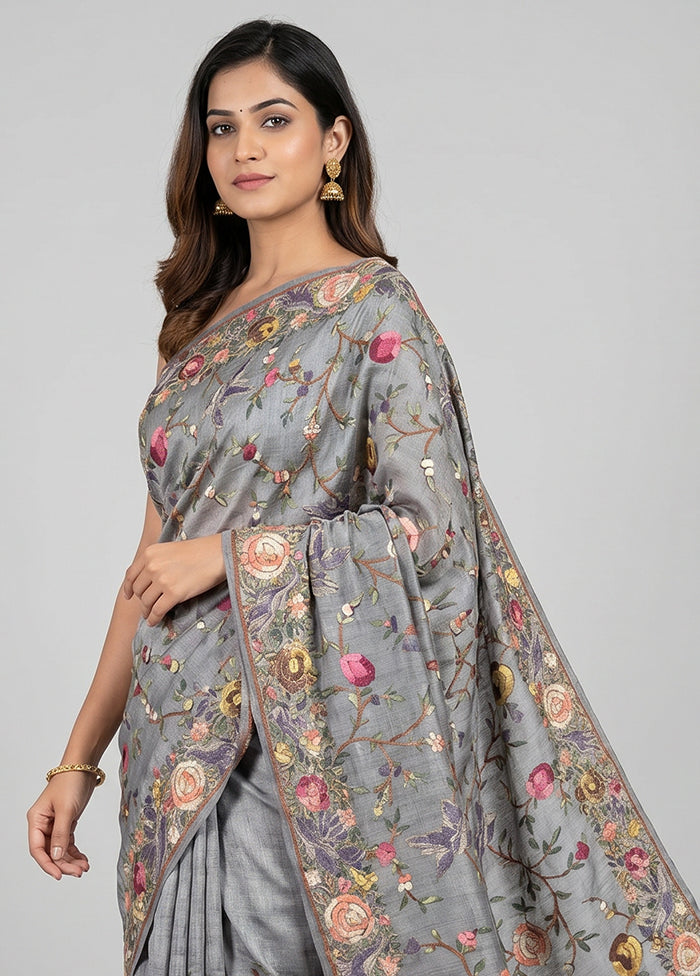 Grey Tussar Silk Saree With Blouse Piece