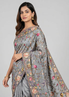 Grey Tussar Silk Saree With Blouse Piece
