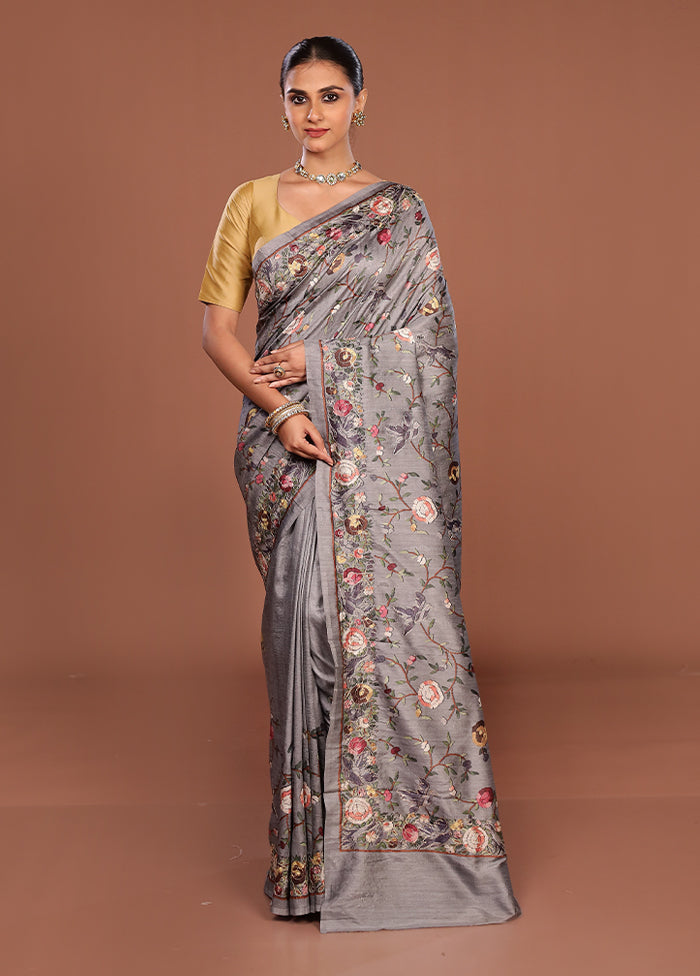 Grey Tussar Silk Saree With Blouse Piece