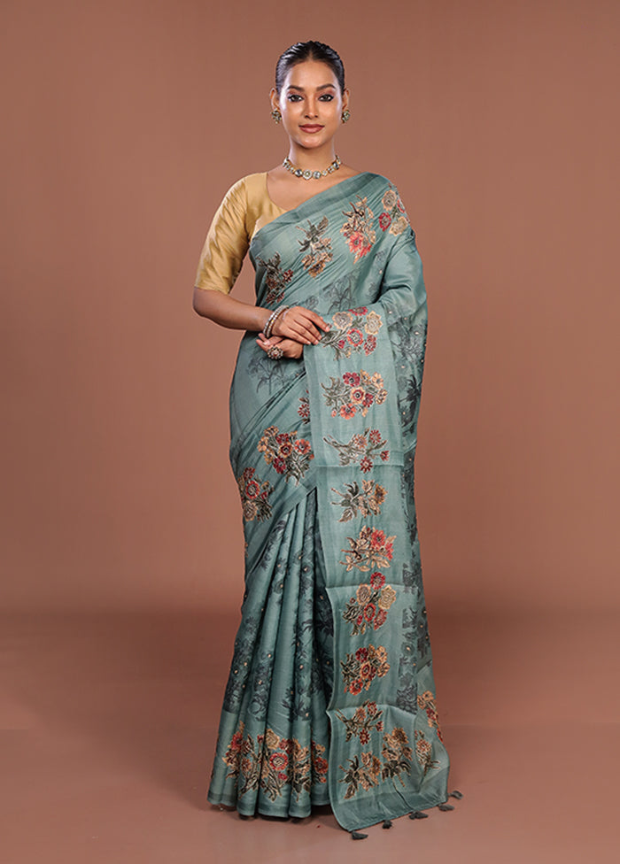 Green Tussar Silk Saree With Blouse Piece