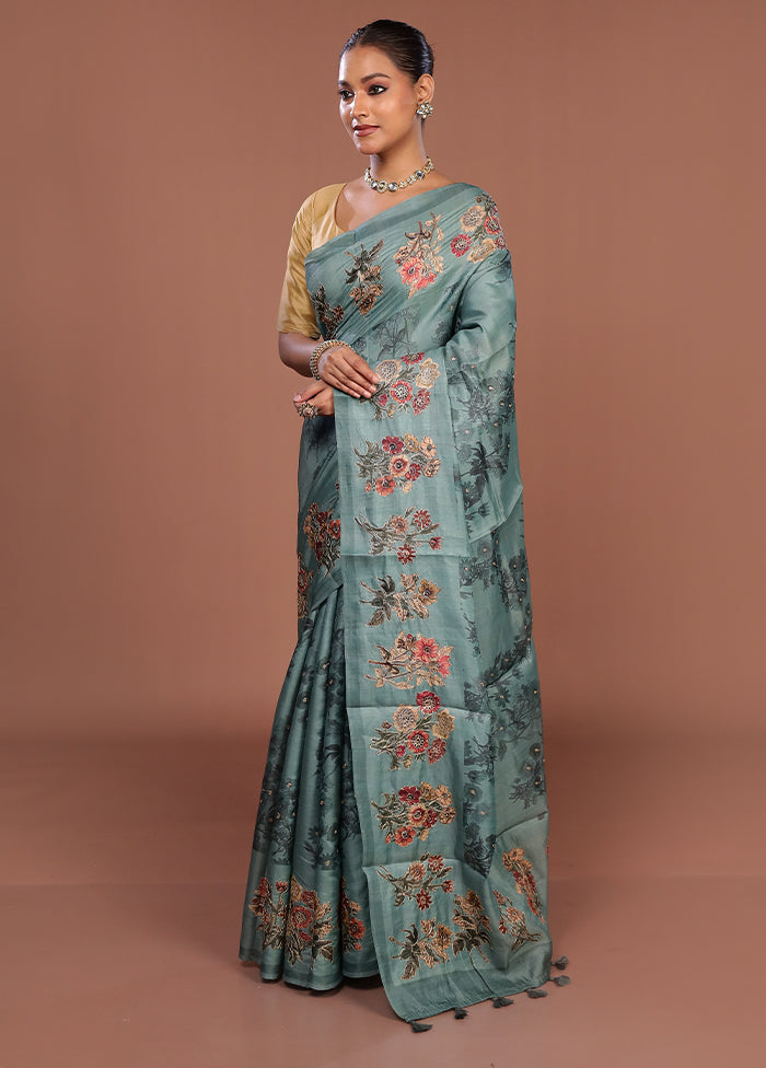 Green Tussar Silk Saree With Blouse Piece