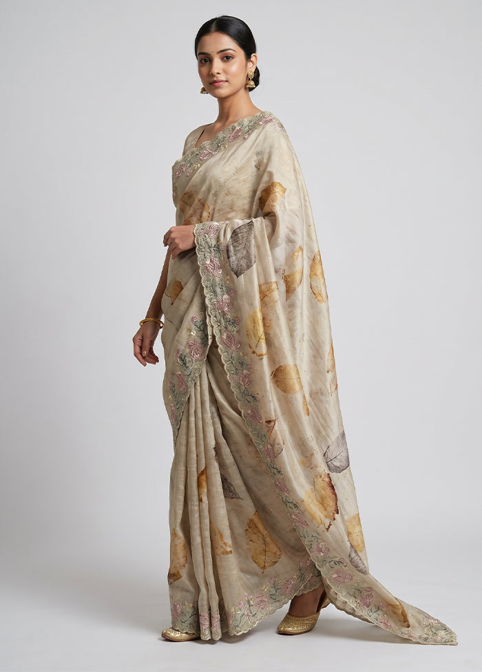 Cream Tussar Silk Saree With Blouse Piece
