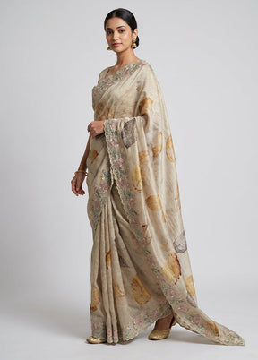 Cream Tussar Silk Saree With Blouse Piece