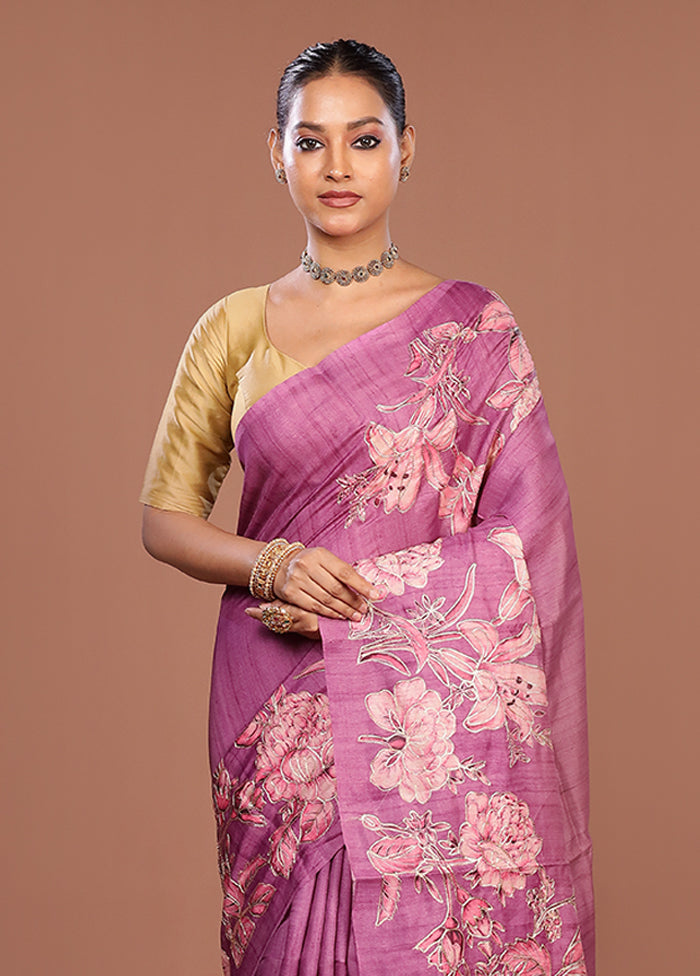 Purple Tussar Silk Saree With Blouse Piece