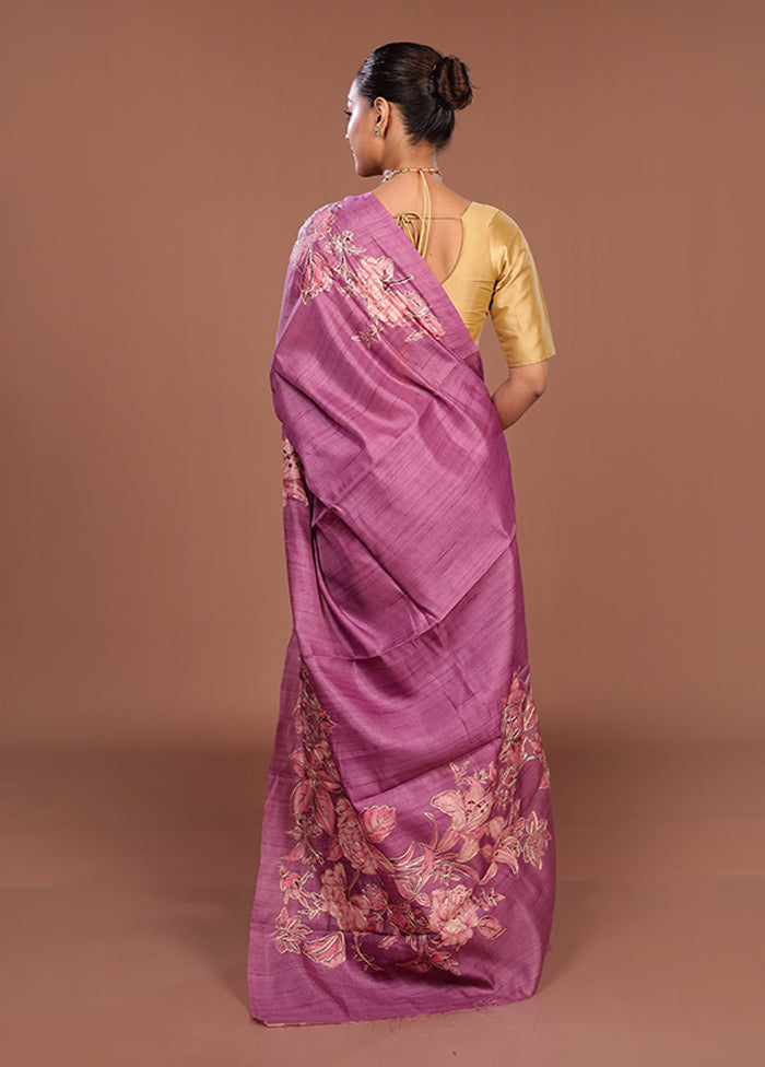 Purple Tussar Silk Saree With Blouse Piece
