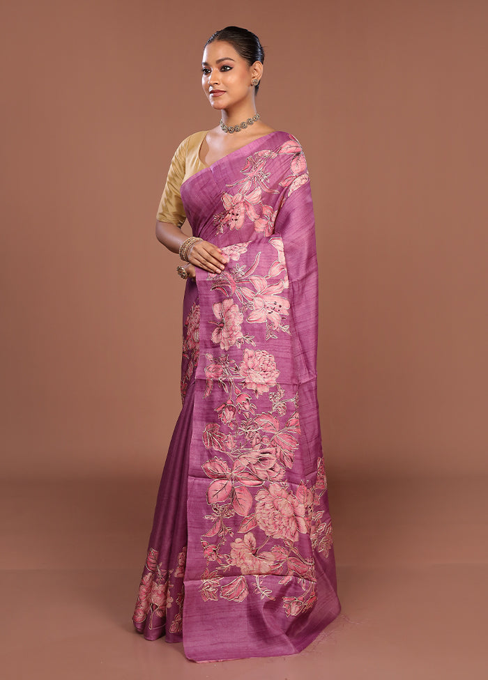 Purple Tussar Silk Saree With Blouse Piece