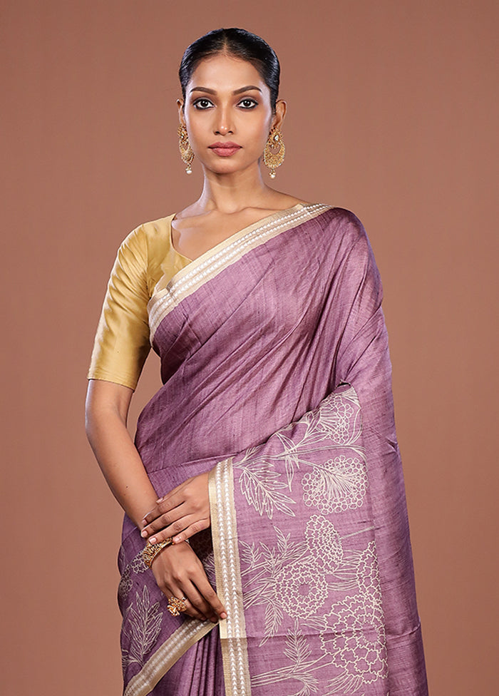 Purple Tussar Silk Saree With Blouse Piece