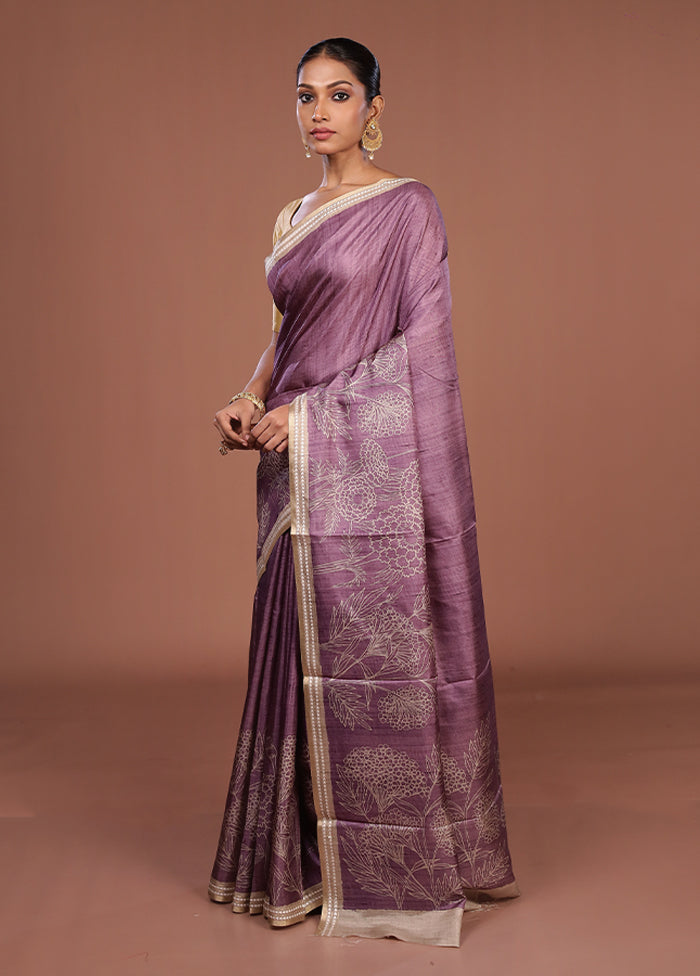 Purple Tussar Silk Saree With Blouse Piece