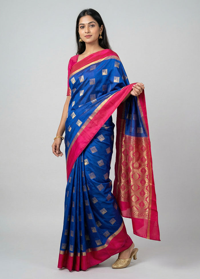Blue Handloom Kanjivaram Pure Silk Saree With Blouse Piece