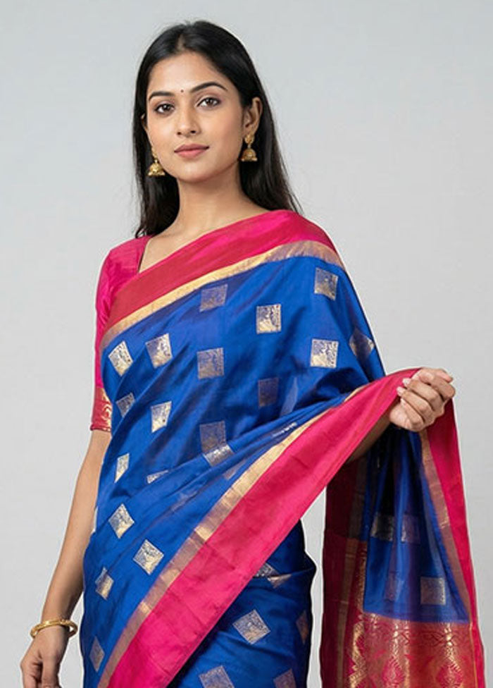Blue Handloom Kanjivaram Pure Silk Saree With Blouse Piece