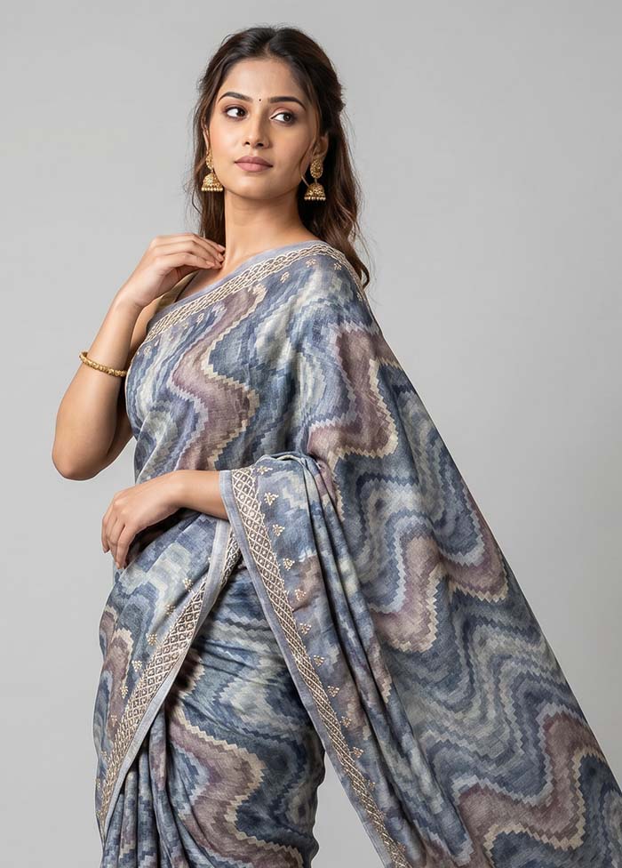 Grey Tussar Silk Saree With Blouse Piece