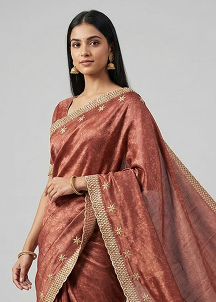 Rust Tussar Silk Saree With Blouse Piece