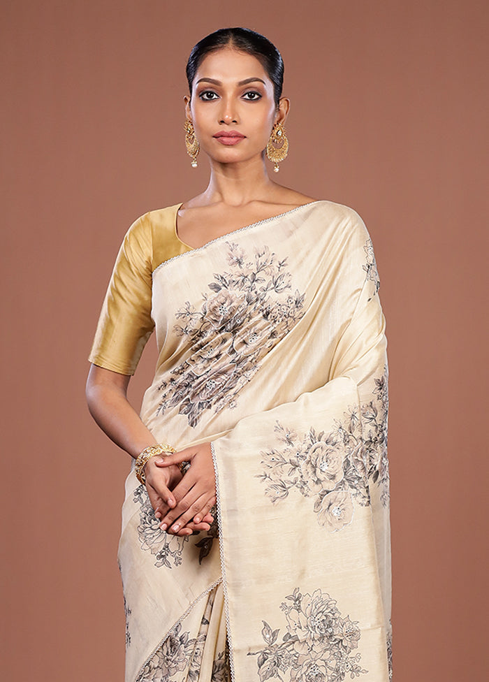 Cream Tussar Silk Saree With Blouse Piece