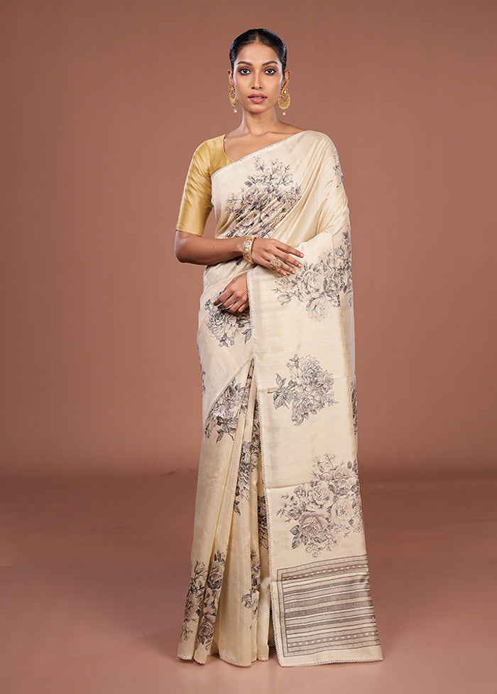 Cream Tussar Silk Saree With Blouse Piece