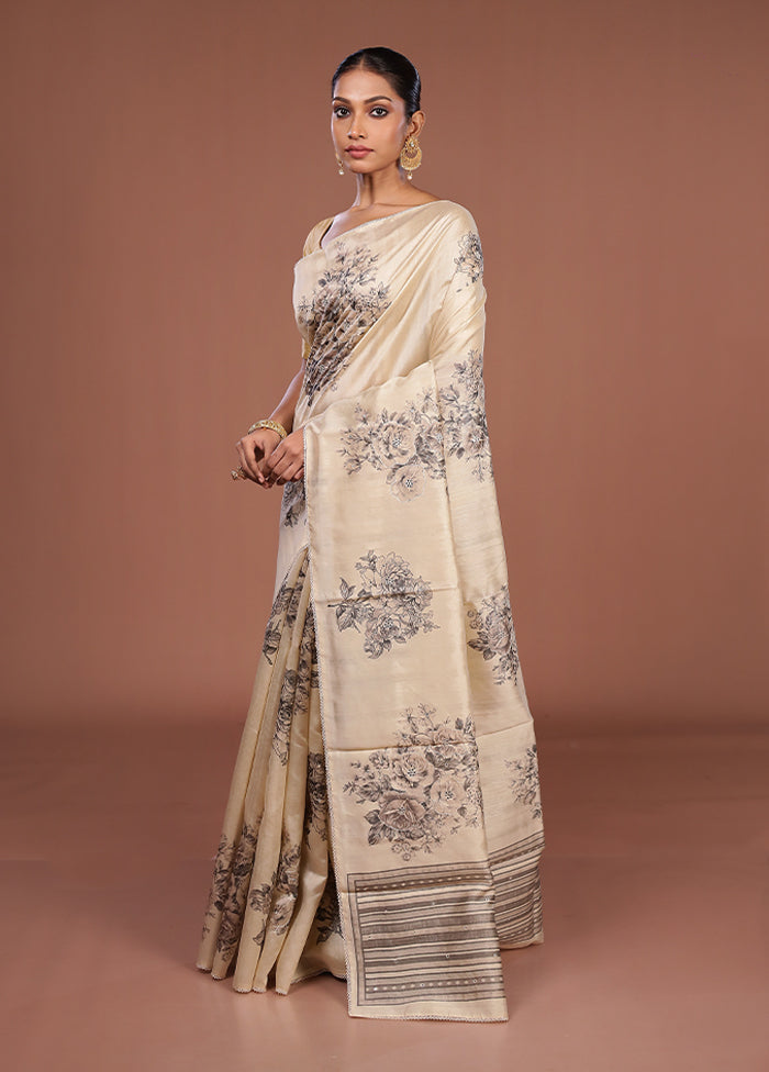 Cream Tussar Silk Saree With Blouse Piece