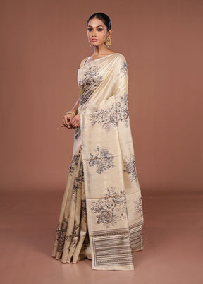 Cream Tussar Silk Saree With Blouse Piece