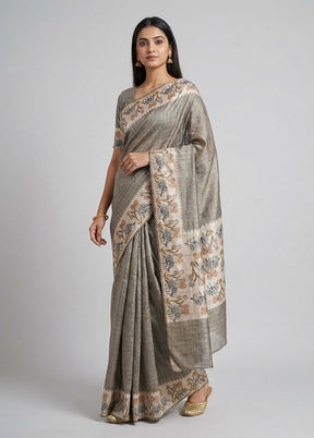 Grey Tussar Silk Saree With Blouse Piece