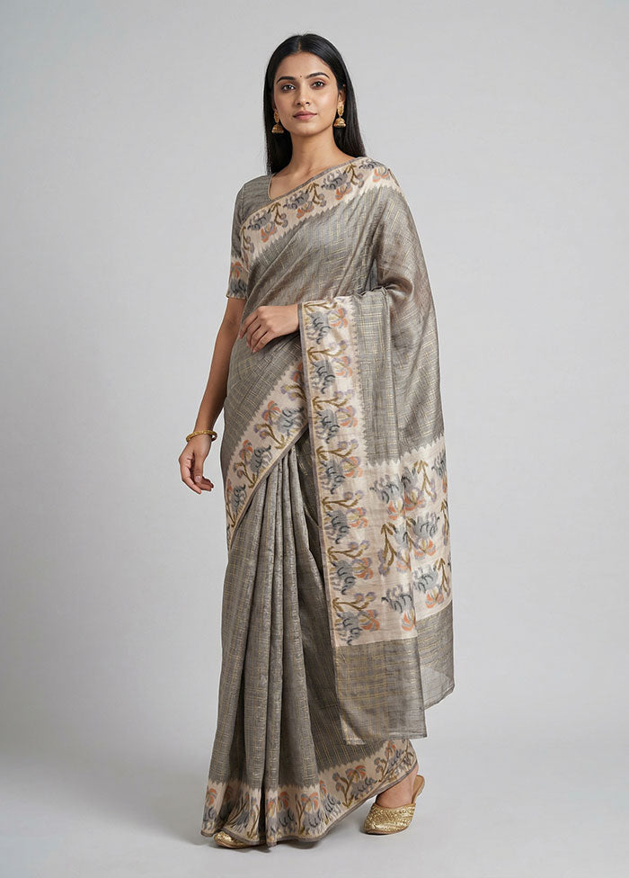 Grey Tussar Silk Saree With Blouse Piece