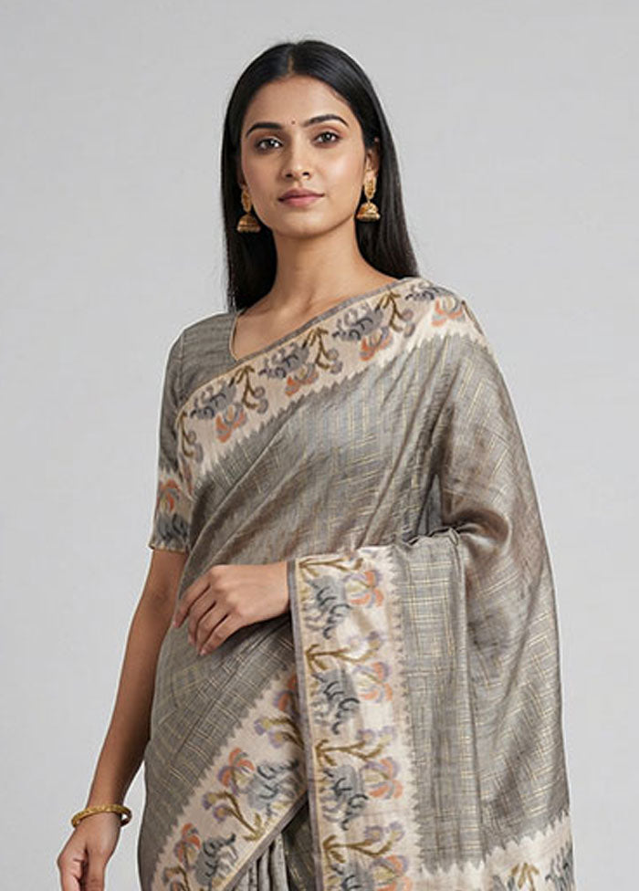 Grey Tussar Silk Saree With Blouse Piece