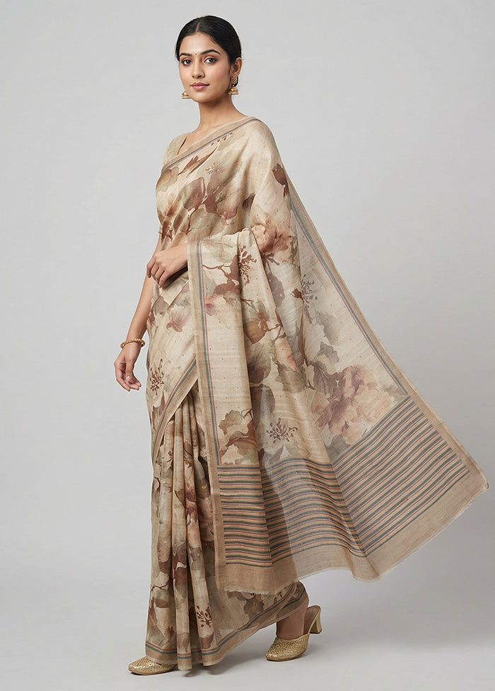 Cream Tussar Silk Saree With Blouse Piece