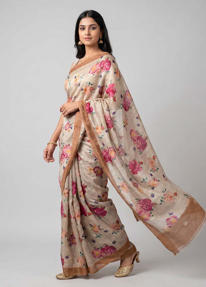 Cream Tussar Silk Saree With Blouse Piece