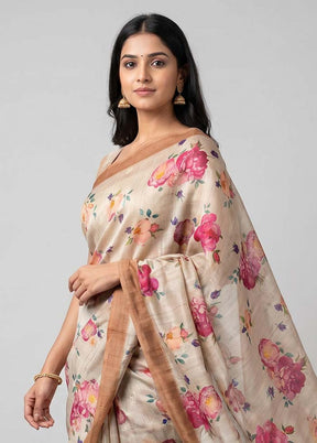 Cream Tussar Silk Saree With Blouse Piece
