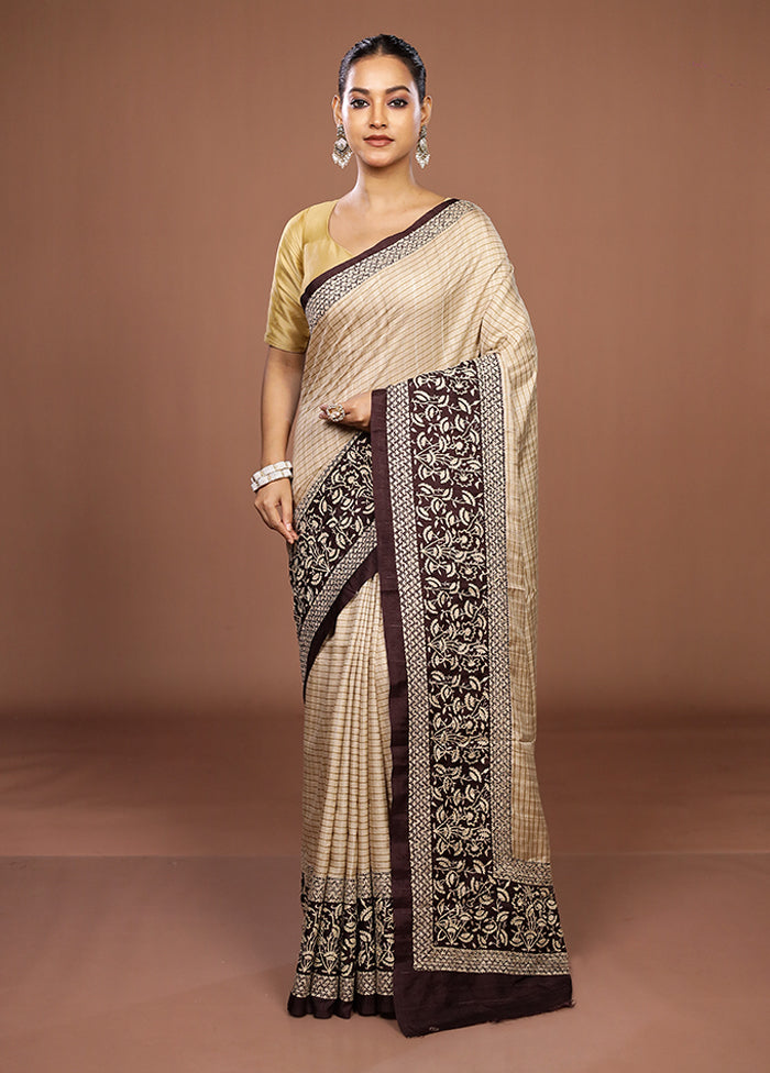 Cream Tussar Silk Saree With Blouse Piece