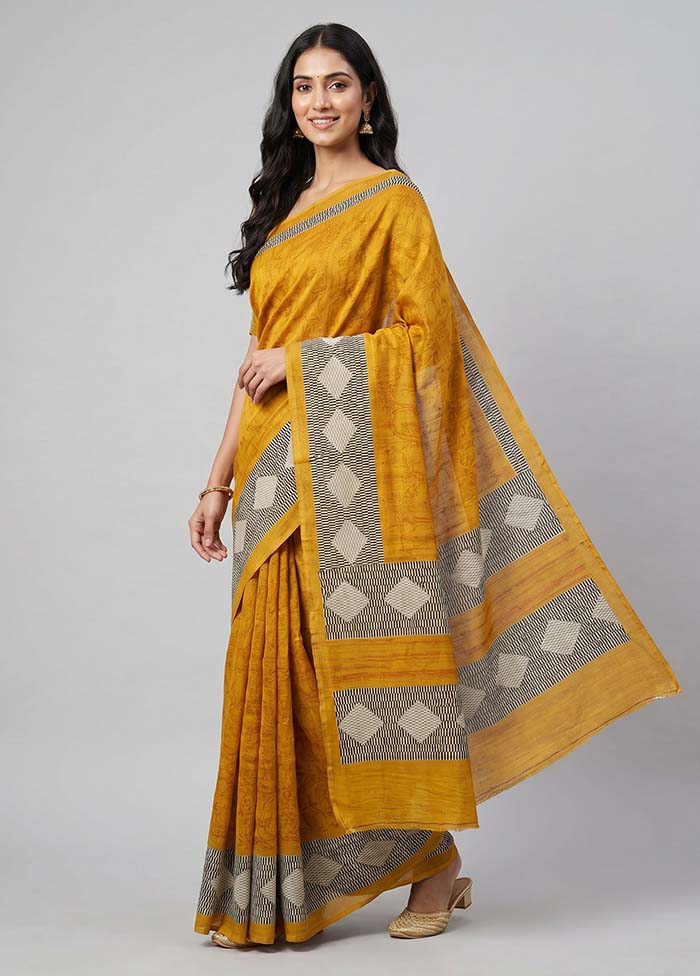 Yellow Tussar Silk Saree With Blouse Piece