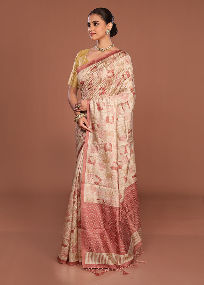 Cream Tussar Silk Saree With Blouse Piece