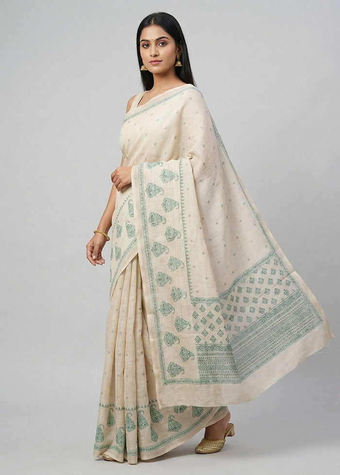 Cream Tussar Silk Saree With Blouse Piece