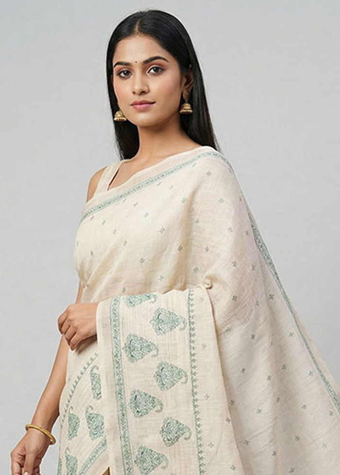 Cream Tussar Silk Saree With Blouse Piece