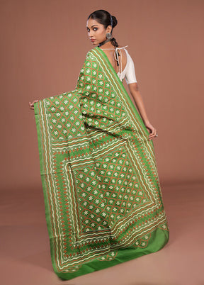 Green Handloom Kantha Stitch Pure Silk Saree With Blouse Piece