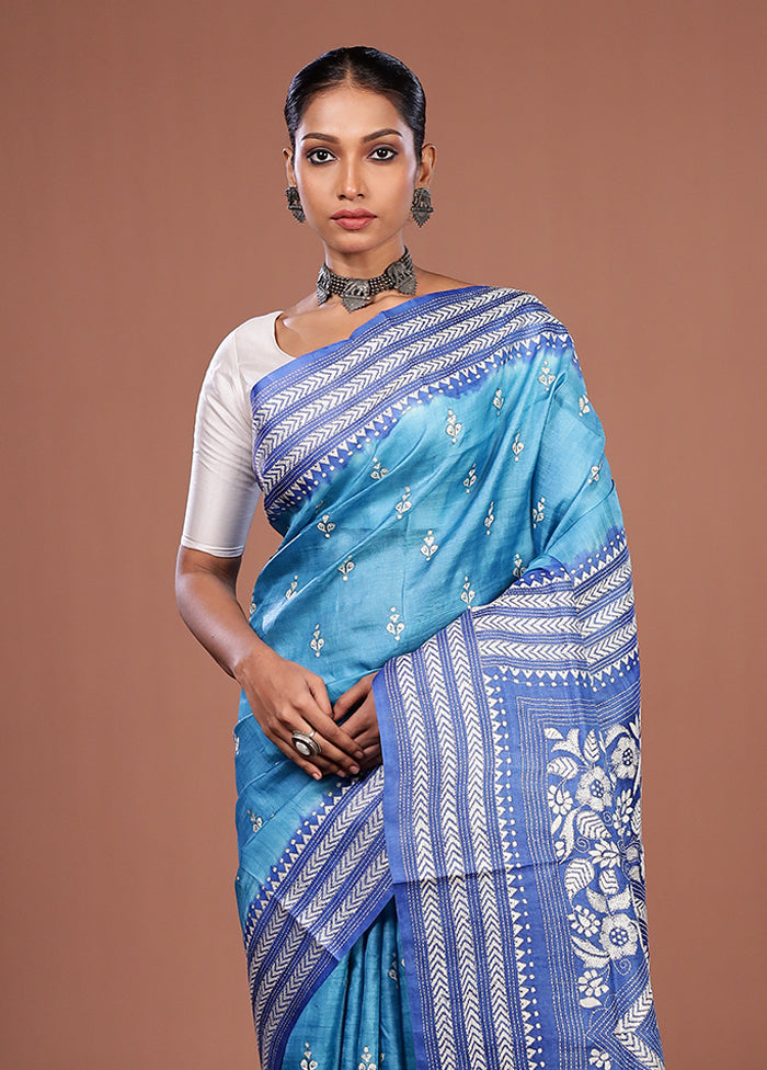 Blue Handloom Kantha Stitch Pure Silk Saree With Blouse Piece