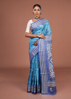 Blue Handloom Kantha Stitch Pure Silk Saree With Blouse Piece
