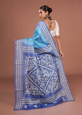 Blue Handloom Kantha Stitch Pure Silk Saree With Blouse Piece