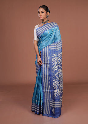 Blue Handloom Kantha Stitch Pure Silk Saree With Blouse Piece