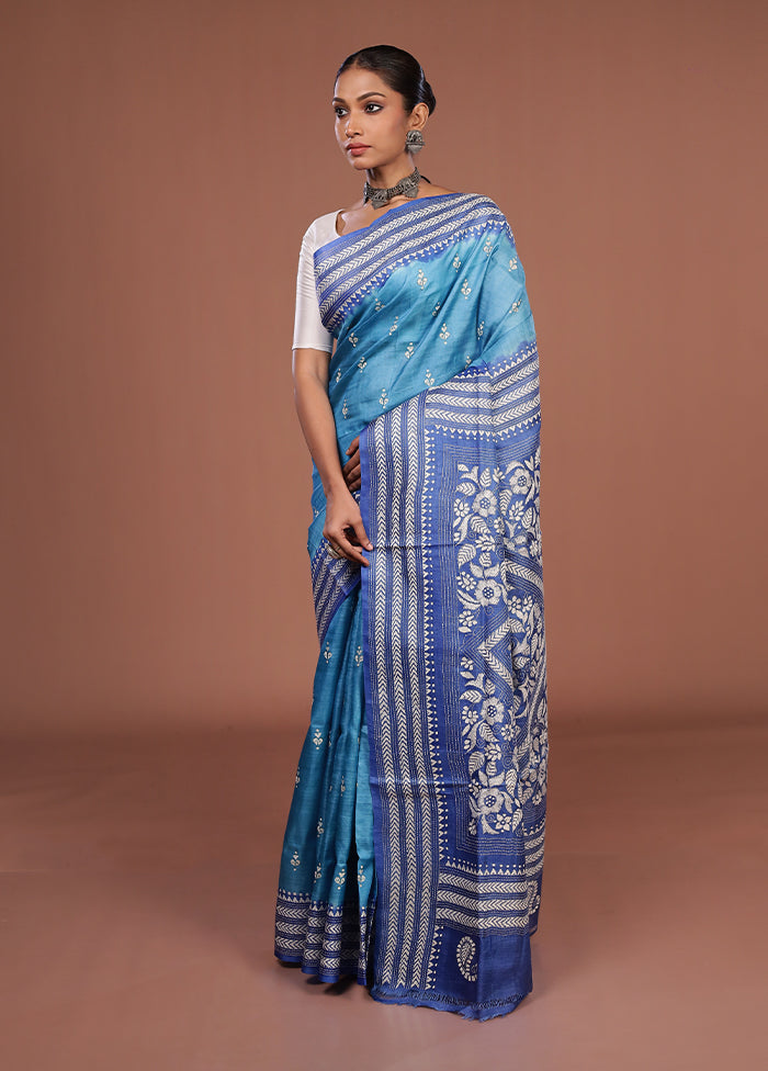 Blue Handloom Kantha Stitch Pure Silk Saree With Blouse Piece