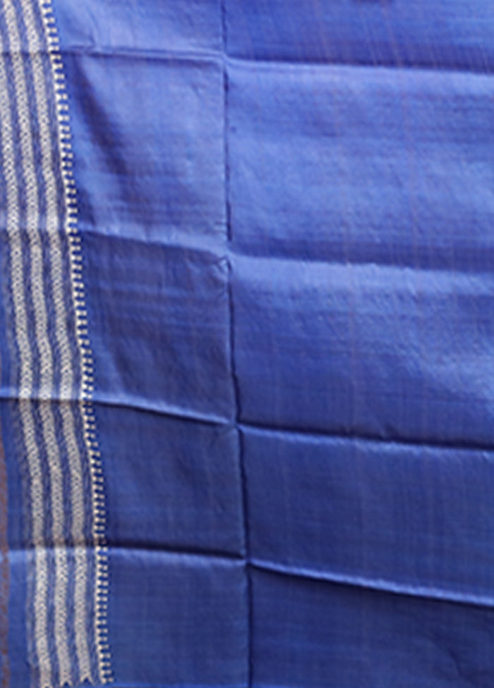 Blue Handloom Kantha Stitch Pure Silk Saree With Blouse Piece
