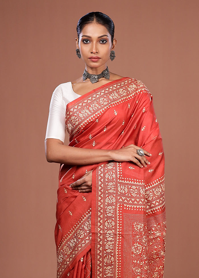 Maroon Handloom Kantha Stitch Pure Silk Saree With Blouse Piece