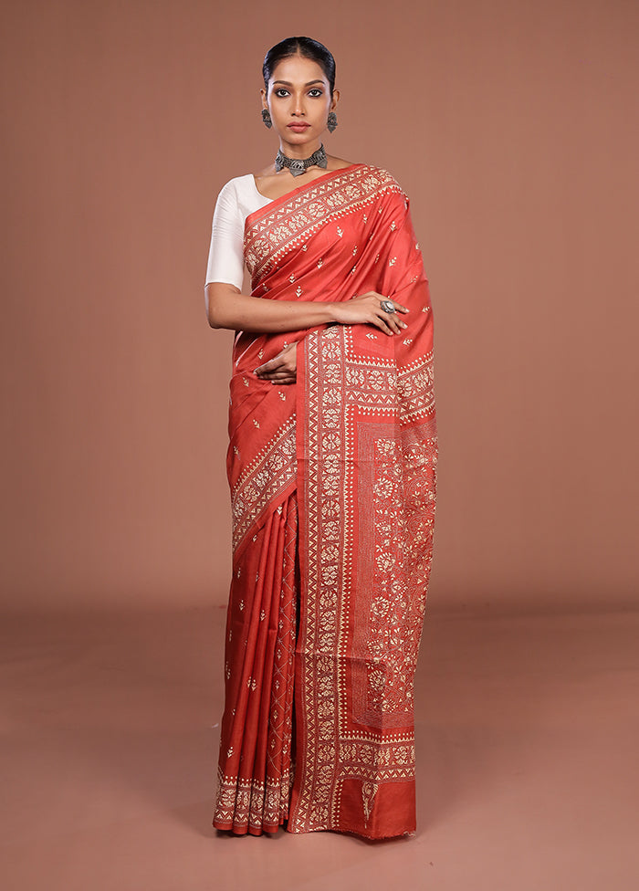Maroon Handloom Kantha Stitch Pure Silk Saree With Blouse Piece
