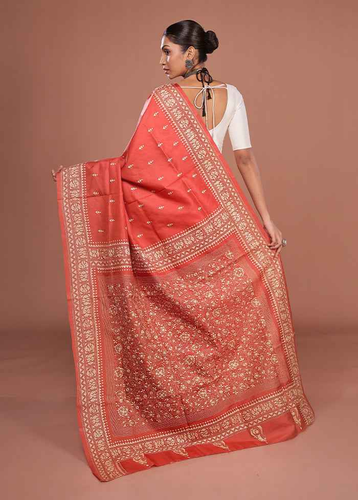 Maroon Handloom Kantha Stitch Pure Silk Saree With Blouse Piece