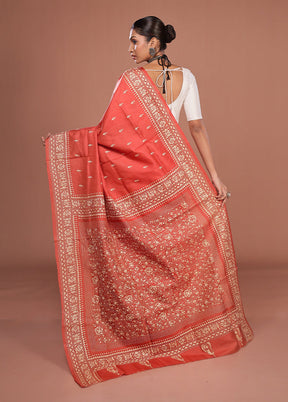 Maroon Handloom Kantha Stitch Pure Silk Saree With Blouse Piece