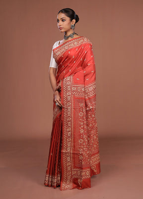 Maroon Handloom Kantha Stitch Pure Silk Saree With Blouse Piece