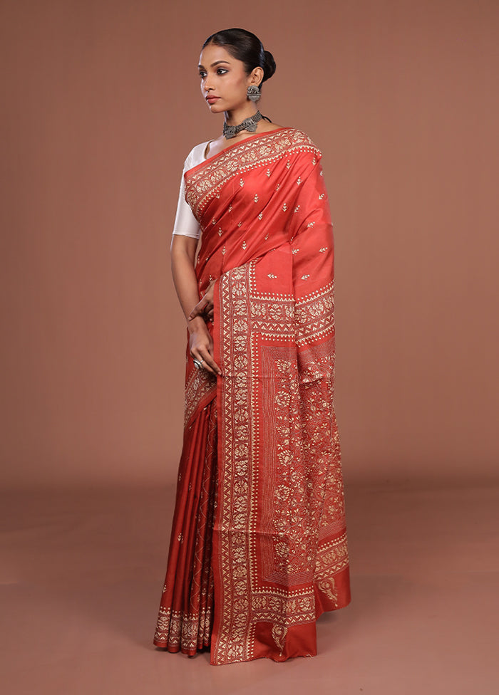 Maroon Handloom Kantha Stitch Pure Silk Saree With Blouse Piece