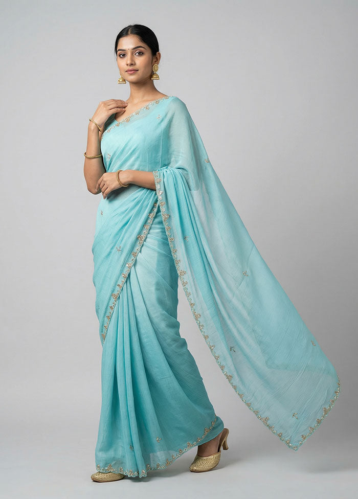 Blue Tissue Silk Saree With Blouse Piece