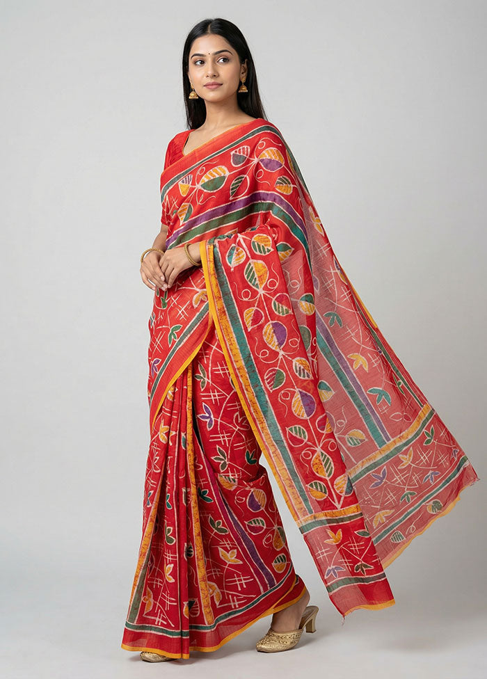 Red Printed Silk Saree Without Blouse Piece