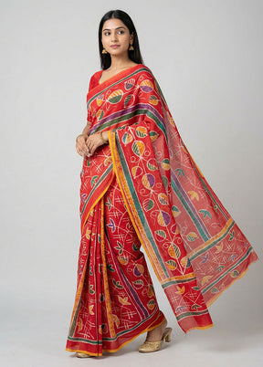 Red Printed Silk Saree Without Blouse Piece